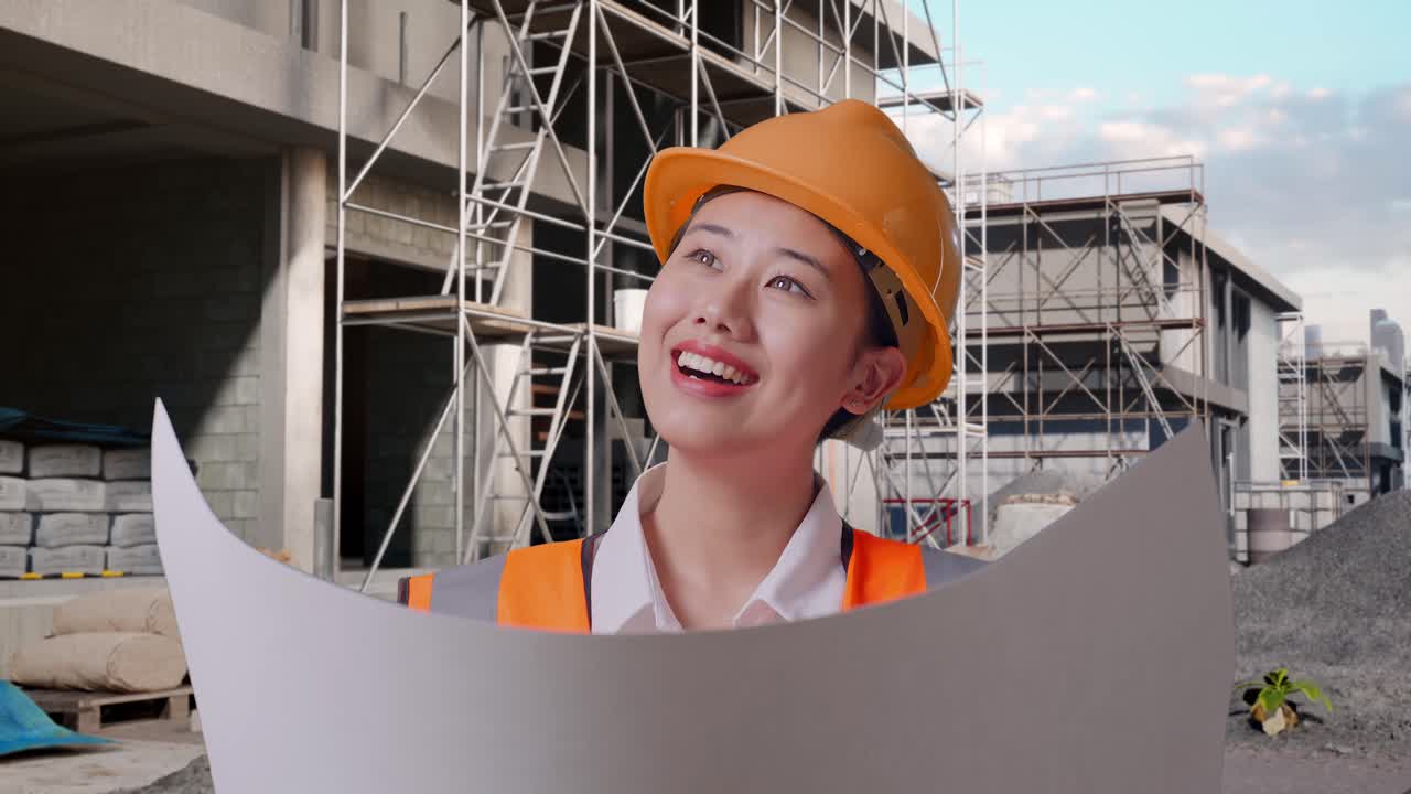 Close Up Of Asian Female Engineer With Safety Helmet Looking At Blueprint In Her Hands And Looking Around While Standing At Construction Site in Progress to New House