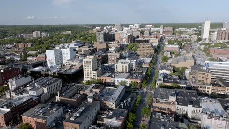 downtown ann arbor, michigan with drone video wide shot moving down