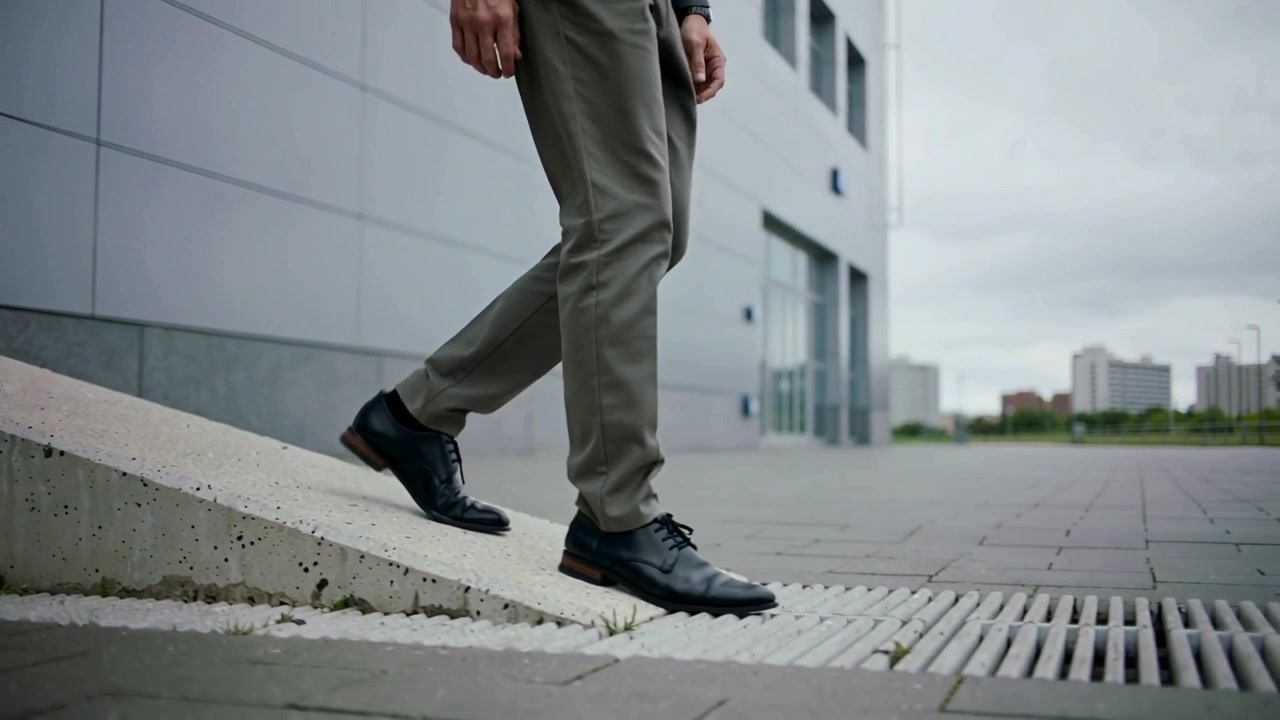 Placing right foot starting man in olive trousers and black shoes descending ramp toward offices