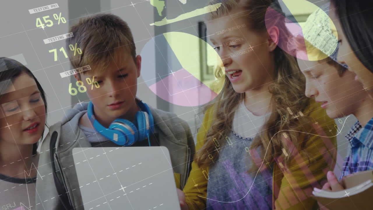 금융 데이터 처리의 다양한 학생과 여성 교사 교실의 애니메이션
