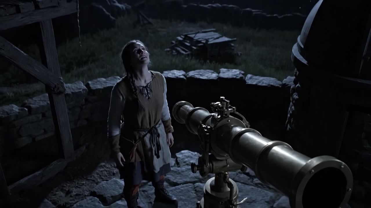 Woman Using Telescope at Night