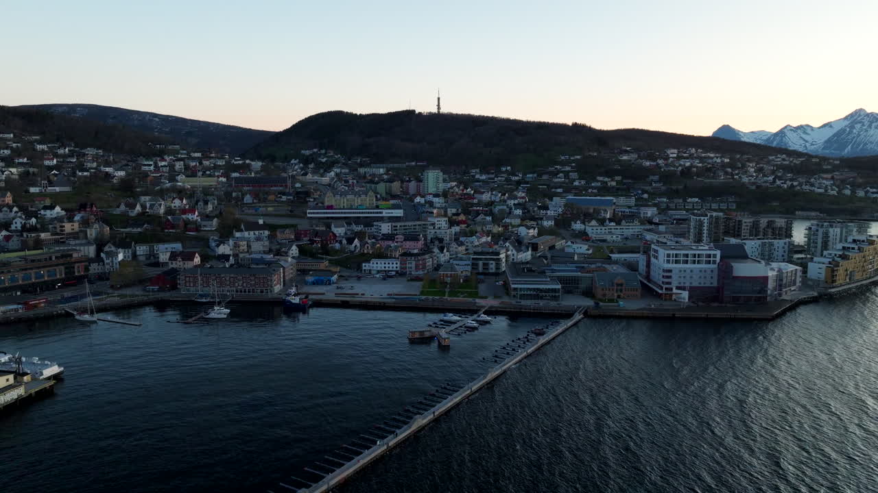 Harstad Cityscape At Sunset in Harstad Municipality In Troms County, Norway. Aerial Shot