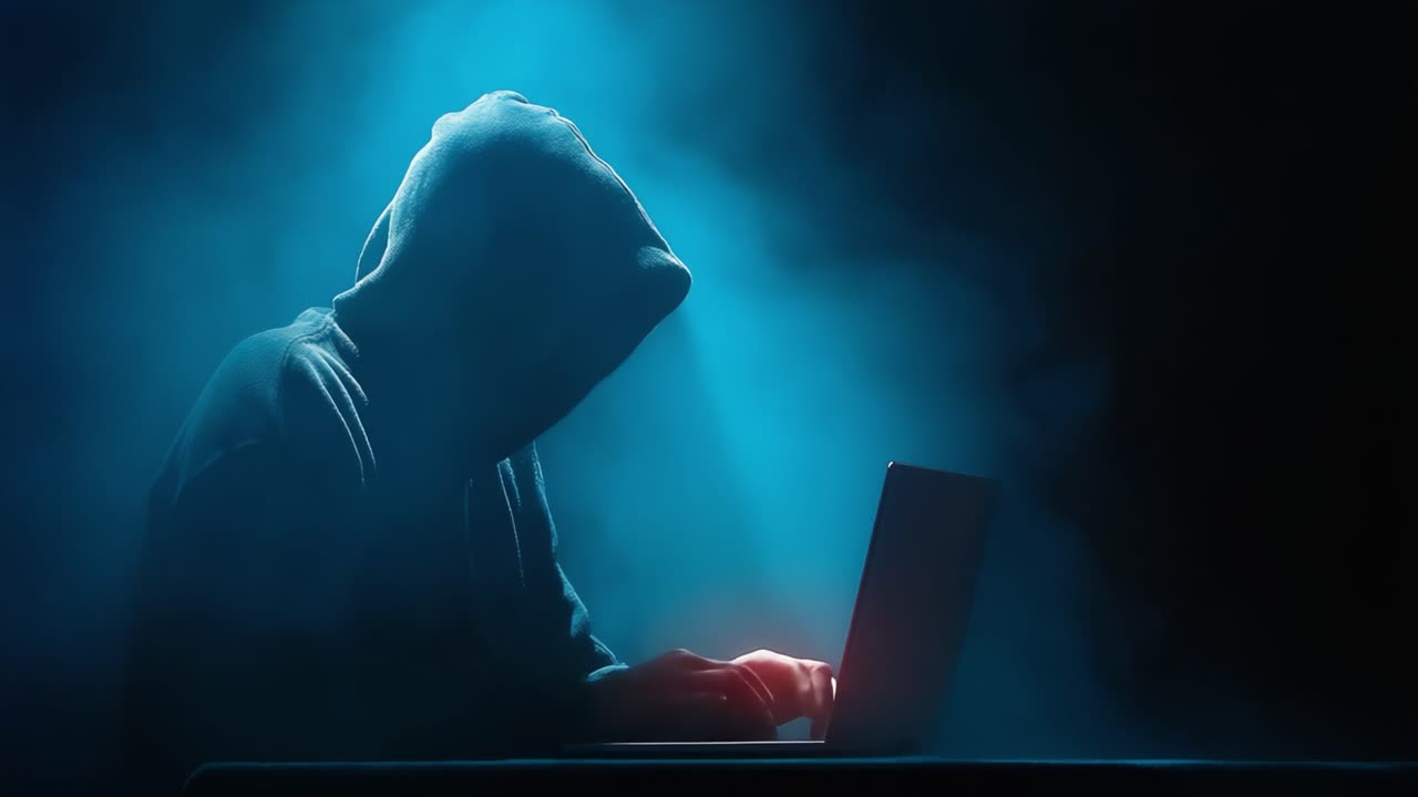 Figura misteriosa impegnata in attività digitali criptiche di notte, circondata da una inquietante luce blu che crea un'atmosfera di intrigo e suspense in un ambiente oscuro.