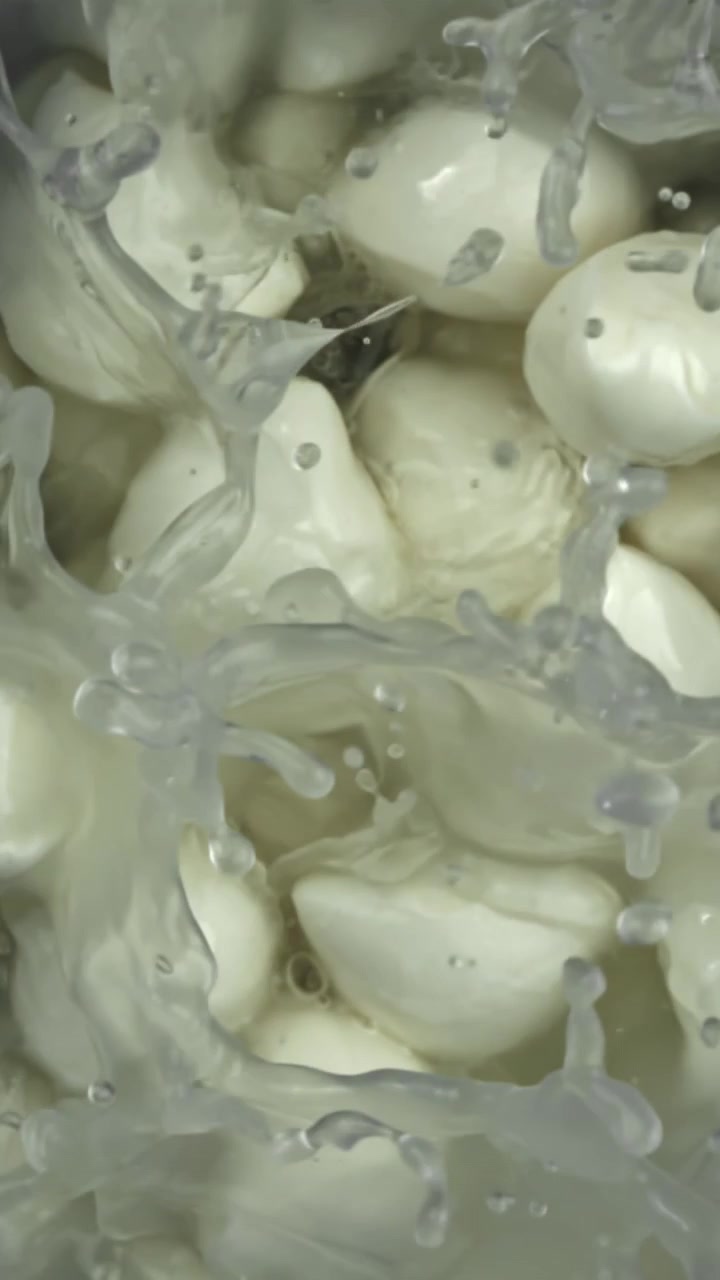 Slowmotion af frisk mozzarellaost, der plasker i vand