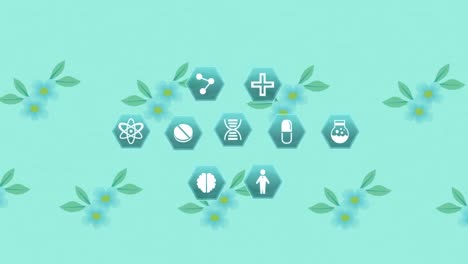 animation of medical icons over floral pattern on green background