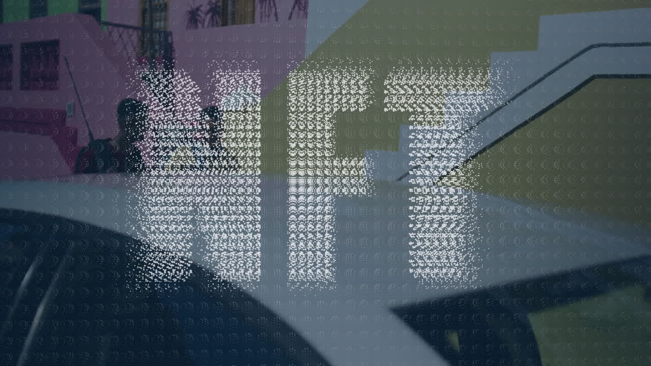 Animation of NFT text over abstract geometric shapes in urban environment