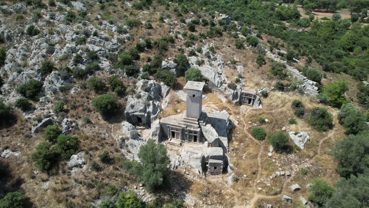 Drone shot of the Ancient City of Xanthos Necropolis in T&uuml;rkiye