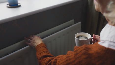 donna anziana in sedia a rotelle che cerca di tenersi al caldo con il radiatore durante la crisi energetica del costo della vita