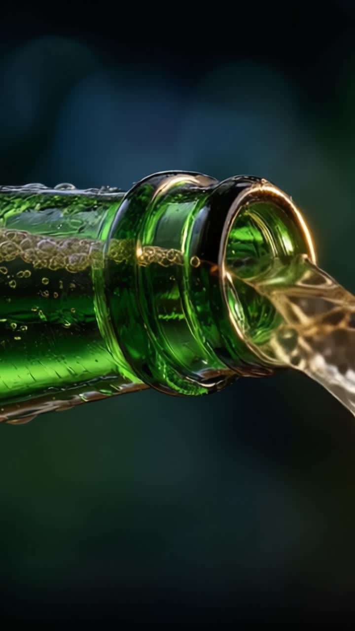 Vista ravvicinata di una bevanda rinfrescante versata da una bottiglia di vetro verde, che cattura bollicine e il flusso del liquido per un'esperienza invitante e rinfrescante.