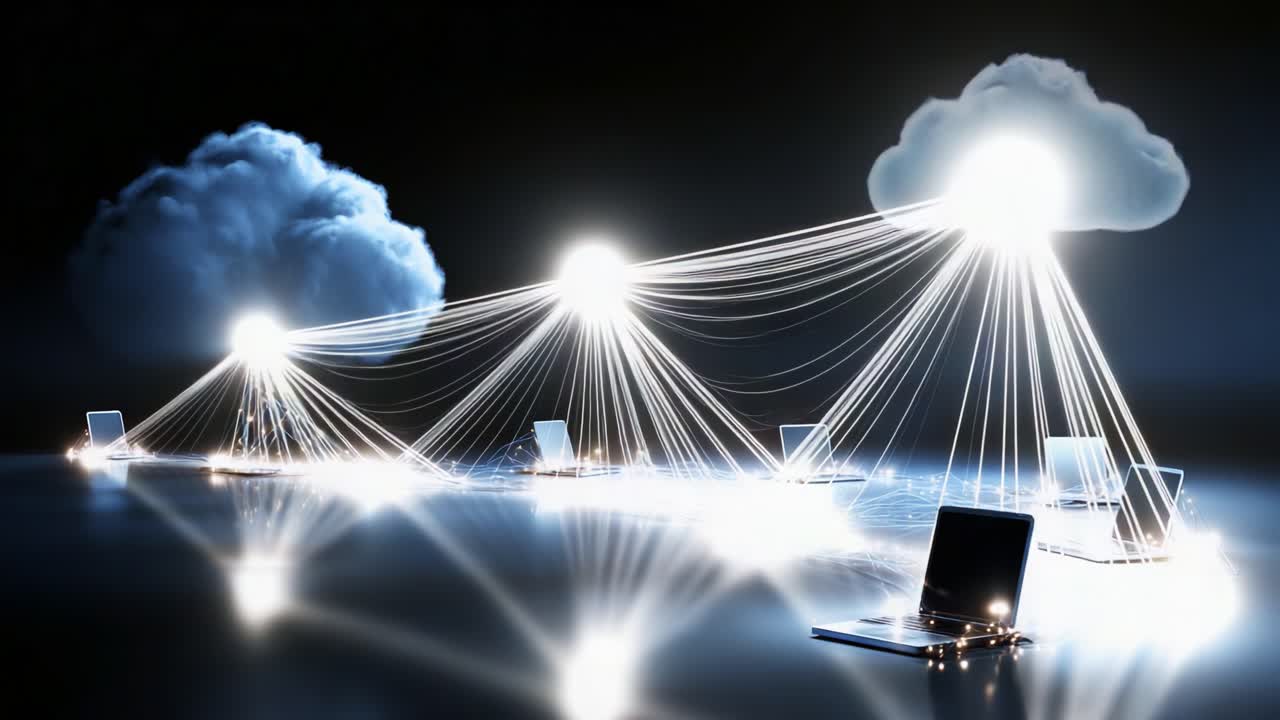 A futuristic representation of cloud computing technology, showcasing interconnected laptops transmitting data through luminous lines towards ethereal cloud formations in a digital landscape