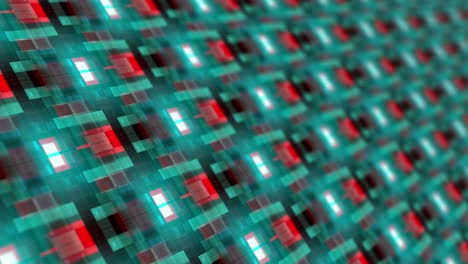 abstract 3d perspective broadcast motion hi-tech squares technology, glowing gradient green blue and red color  endless pattern digital mosaic grid  flicker background. 4k 3d rendering seamless loop.