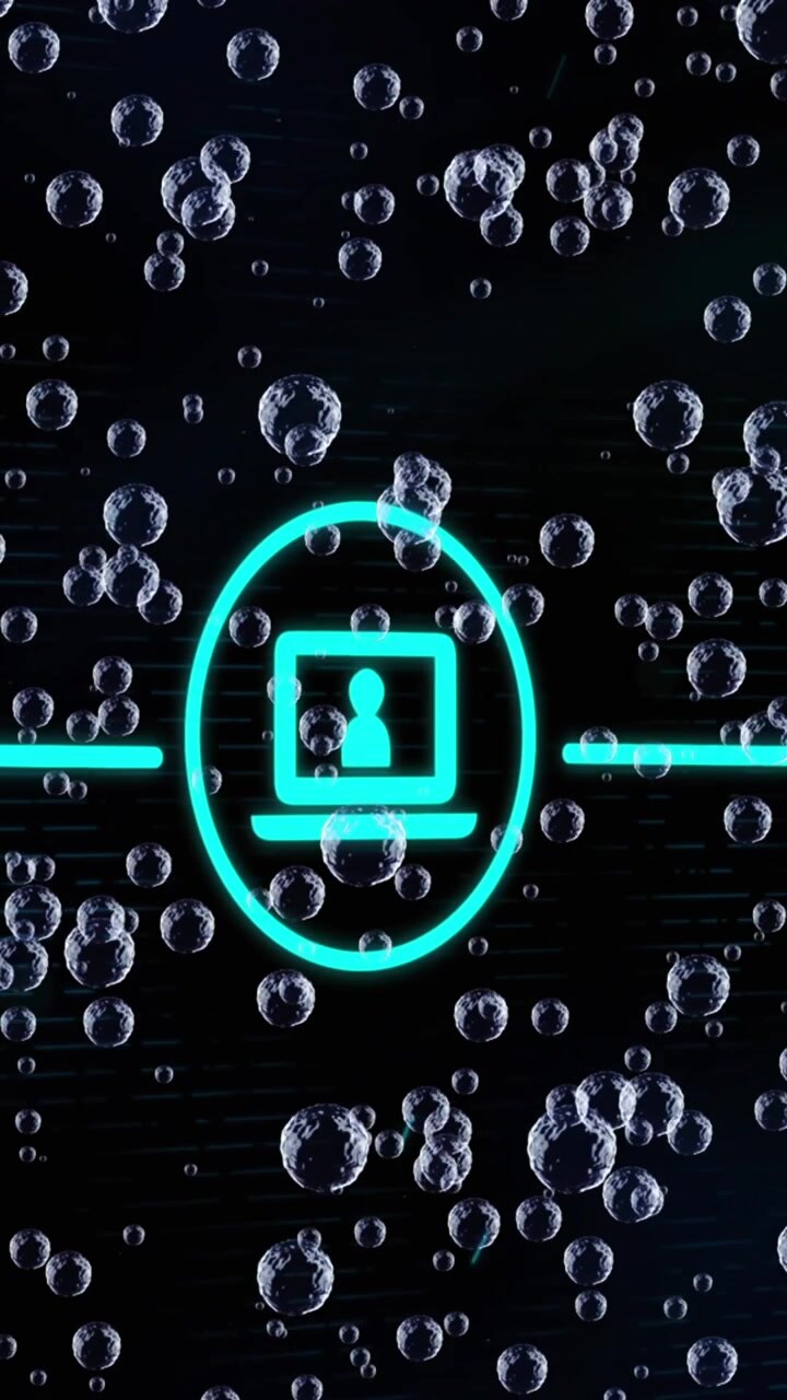 Animación de iconos de medios y burbujas sobre fondo negro
