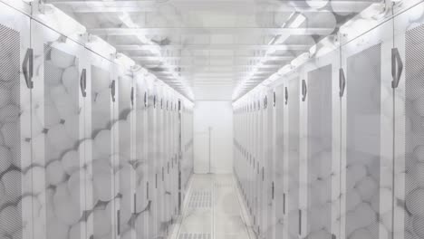 Server-room-against-spheres-moving-on-white-background