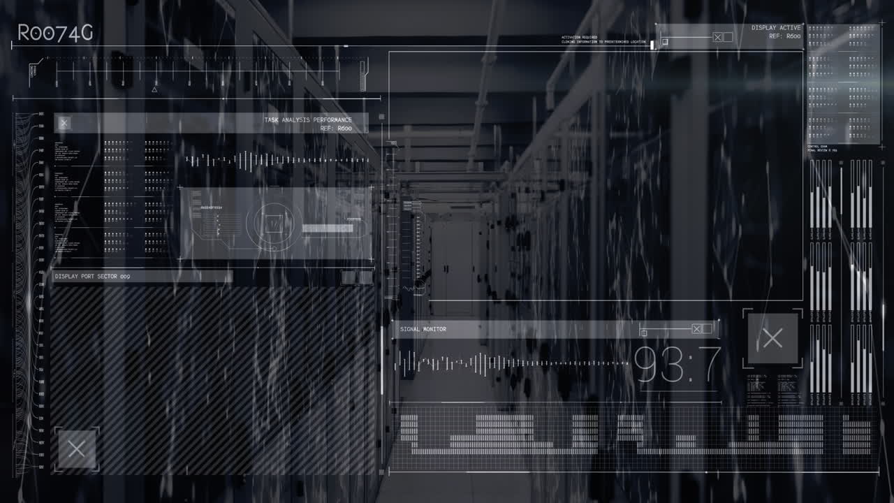 animación del procesamiento de datos en pantalla negra sobre los servidores