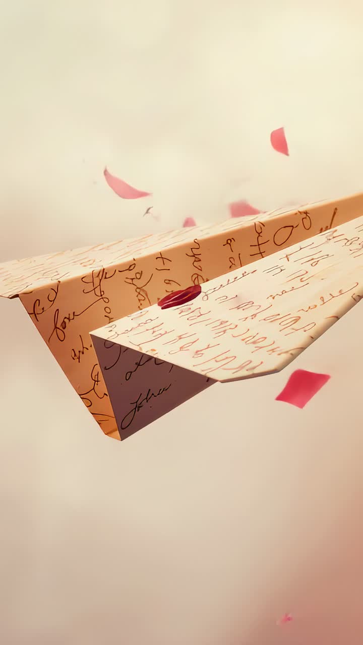 Vertical video: Drifting pink petals entering from right passing paper airplane in studio, red seal