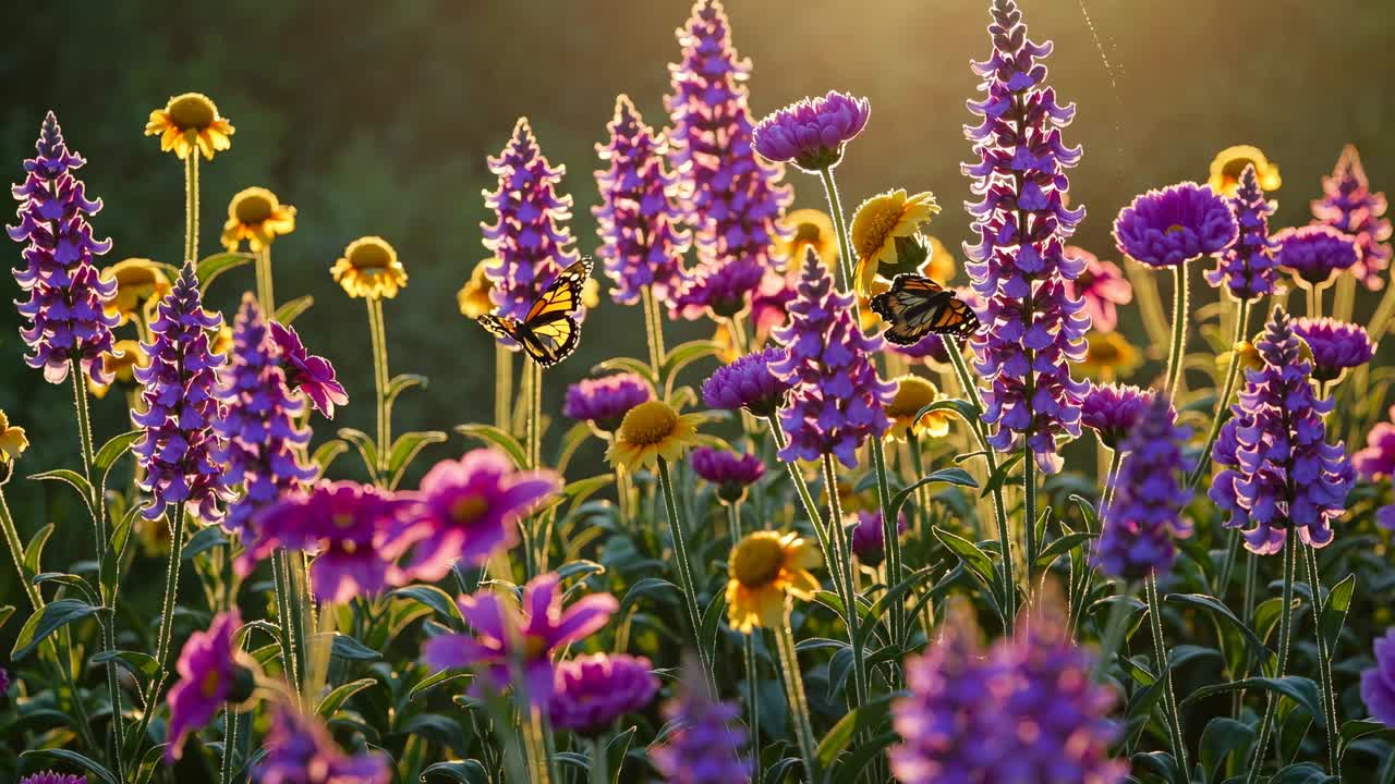Fiori vivaci viola e gialli con farfalle alla luce dorata del sole