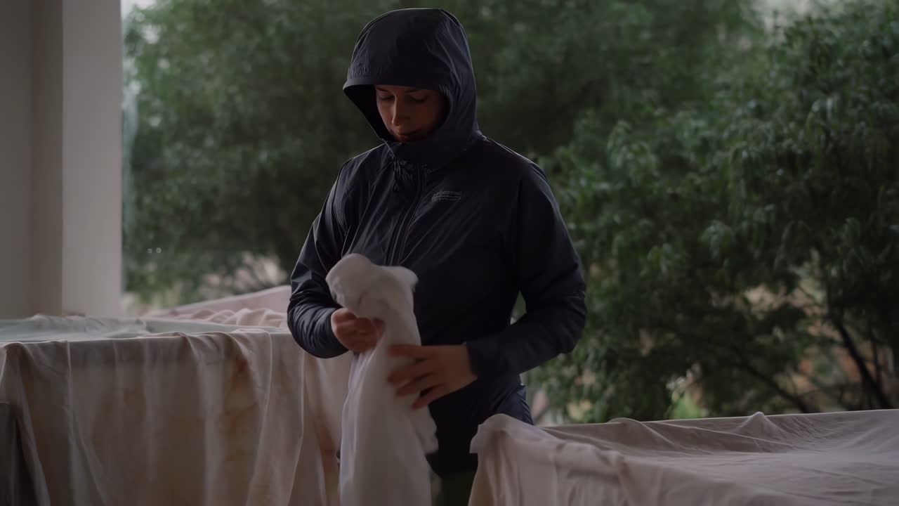 Woman in Hooded Jacket Folding Laundry Outdoors