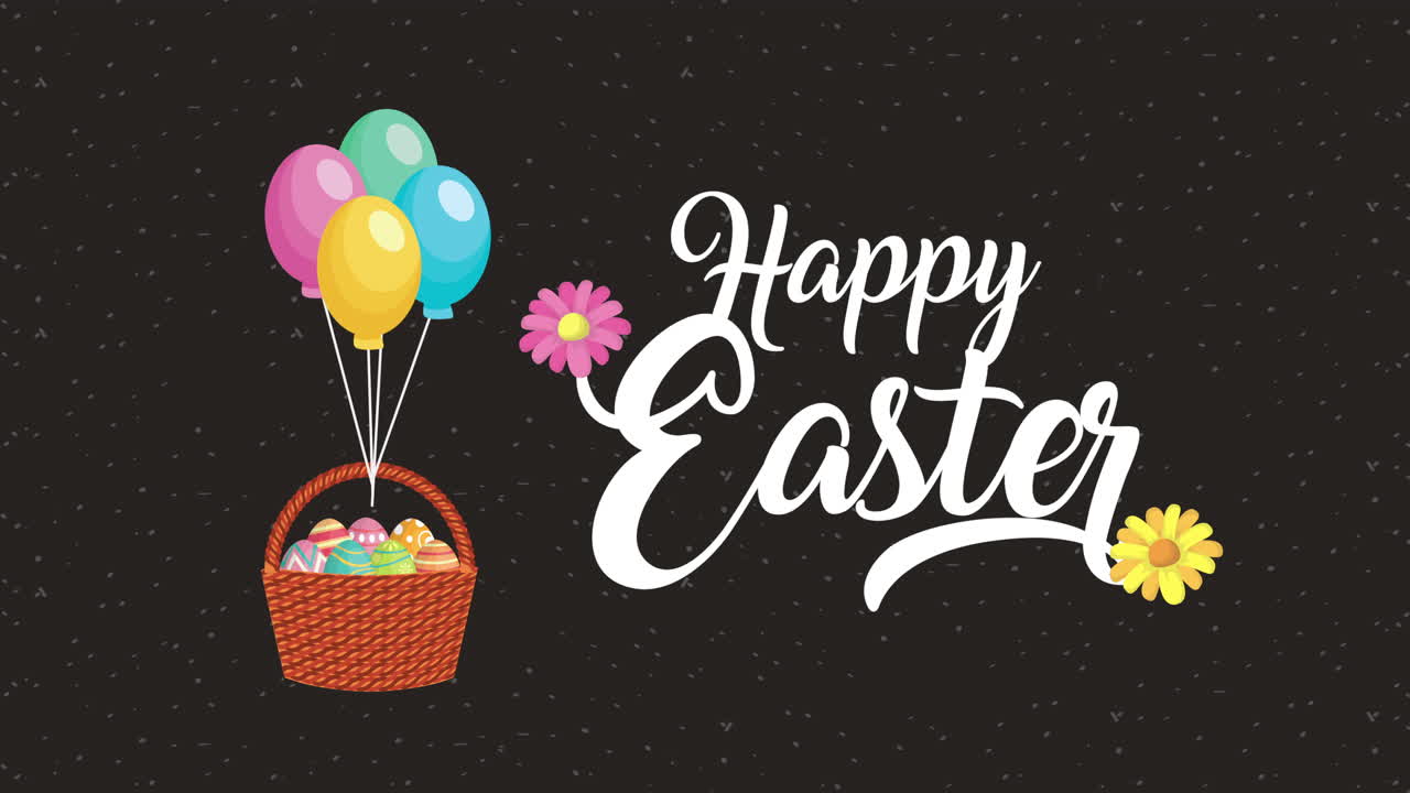 felicità pasqua carta animata con uova dipinte in cesto palloncini galleggianti elio