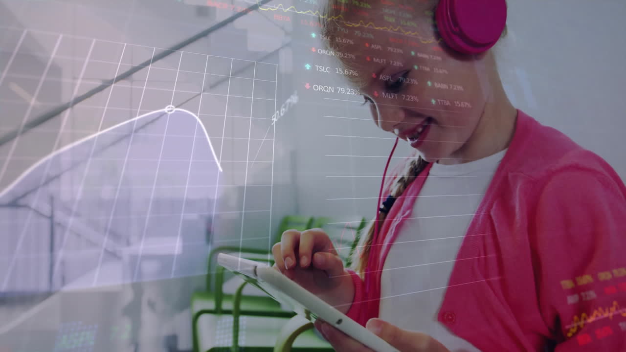 Young girl using tablet with financial data and graphs overlay animation
