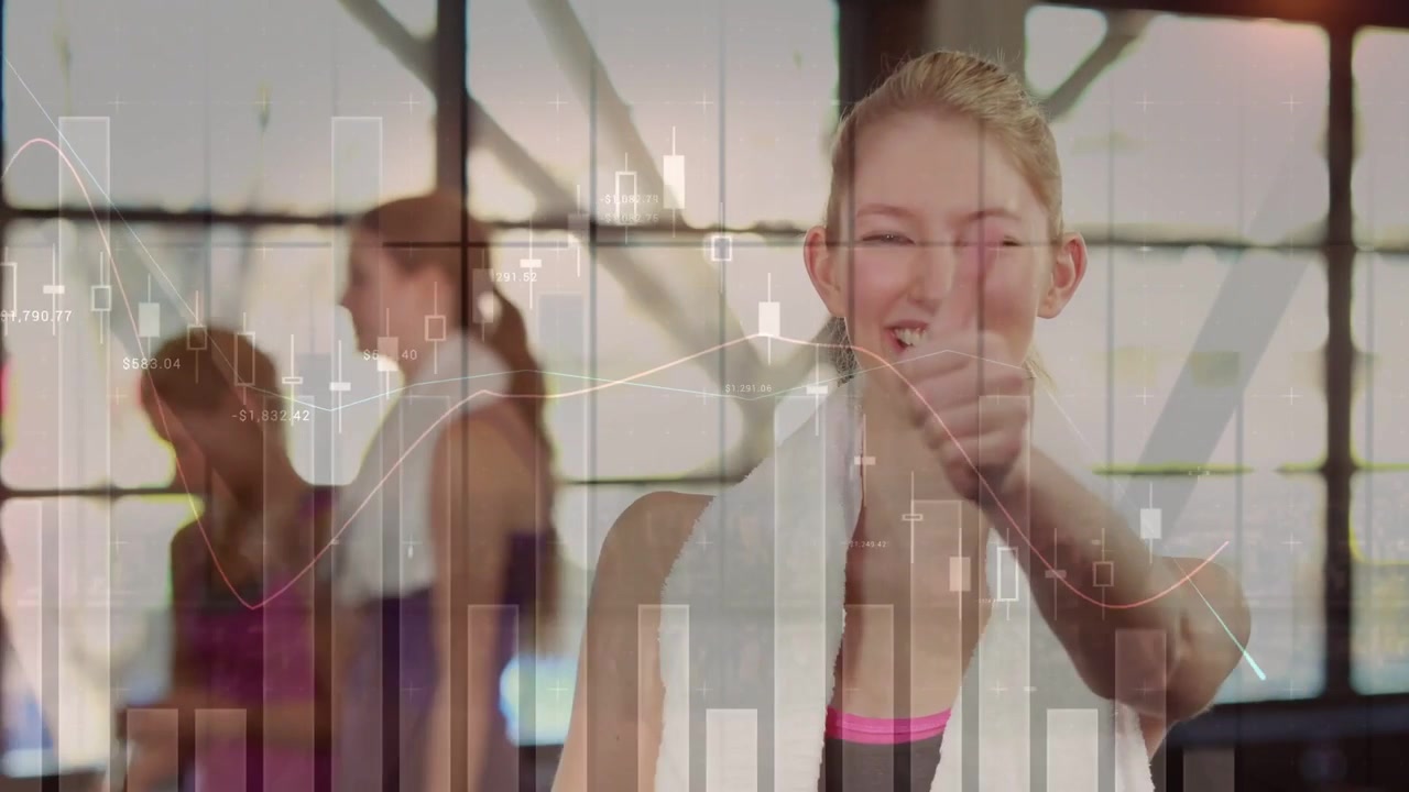 Rest break, woman hydrating with pink bottle, smiling thumbs-up, fitness charts overlaying scene