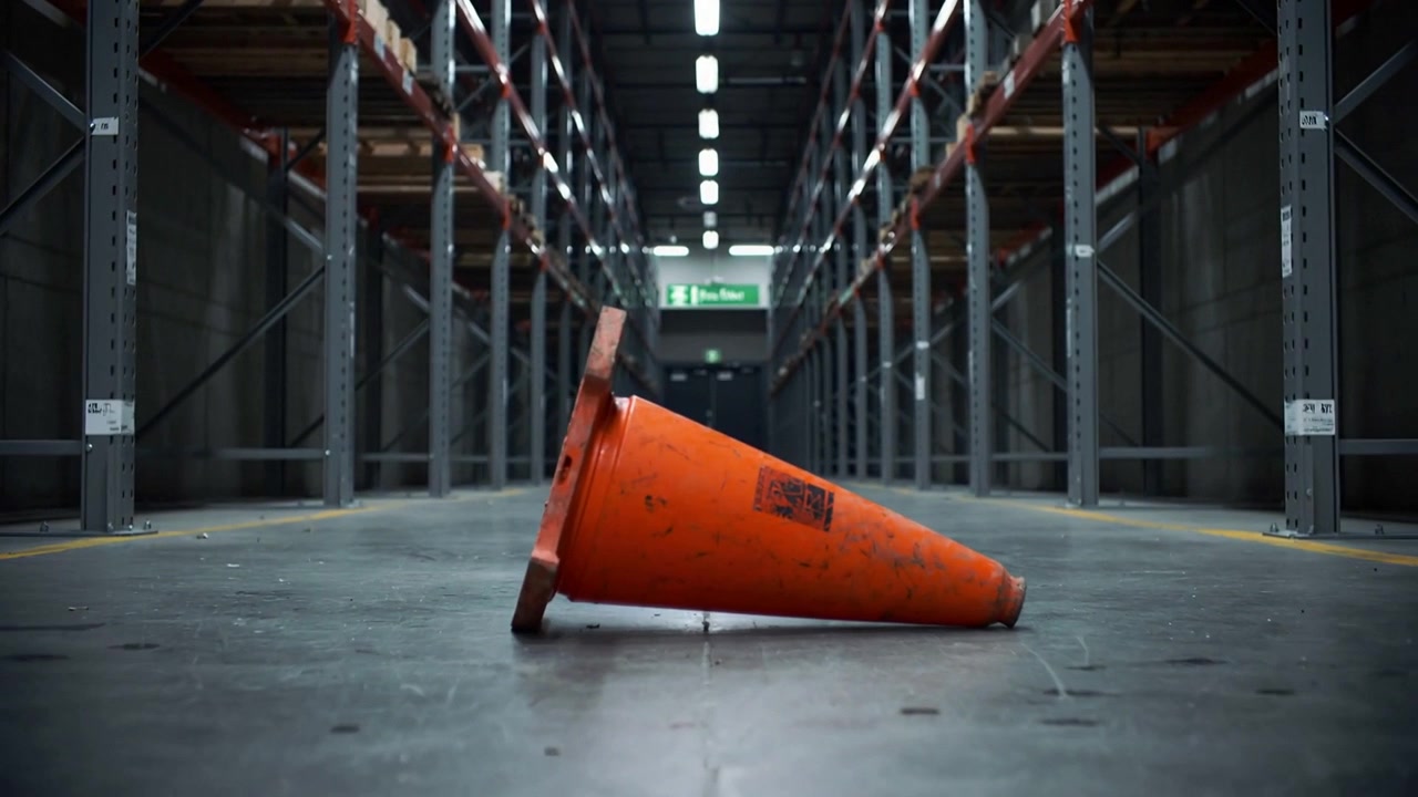 Tilting orange traffic cone rolling down warehouse aisle with pallet racks, revealing printed label