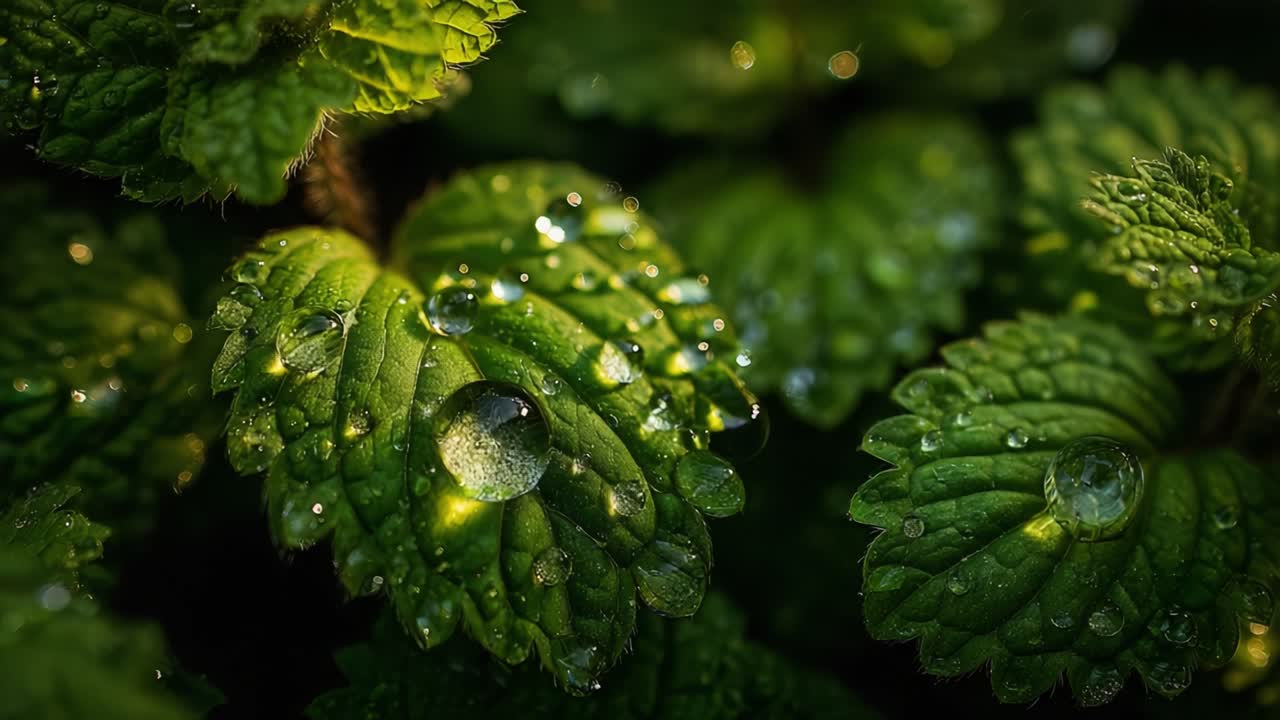 Close-Up of Dew-Covered Green Leaves Showcasing Nature's Beauty and Freshness, Capturing the Morning Essence with Glimmering Water Droplets