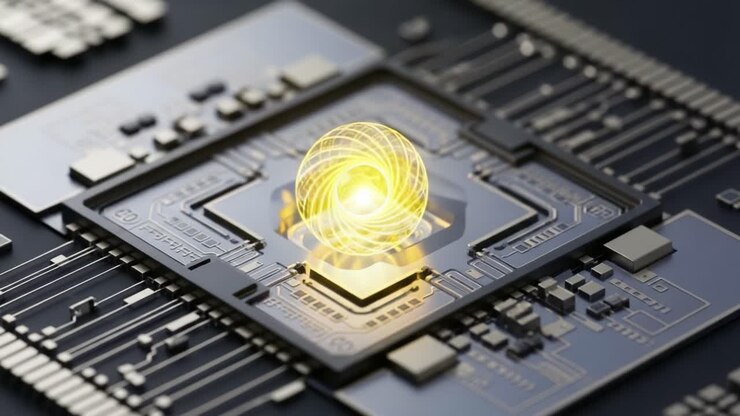 Sfere illuminate su microchip: Esplorando la fusione di tecnologia ed energia in un'illustrazione concettuale di calcolo quantistico