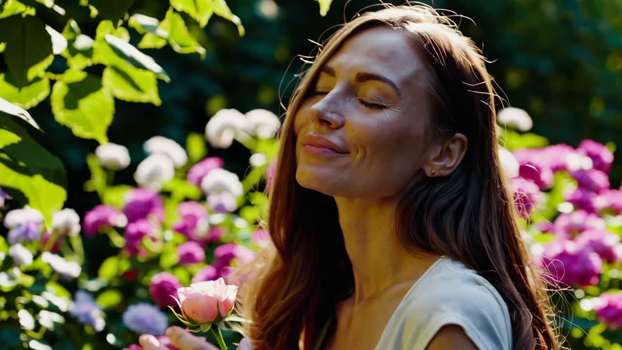 mujer disfrutando de las flores en un jardín