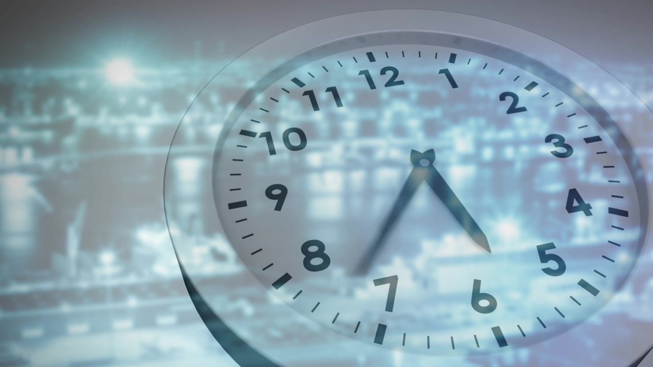 Timeline advancing, clock hands sweeping, blurring over translucent blue tech grid, showing time