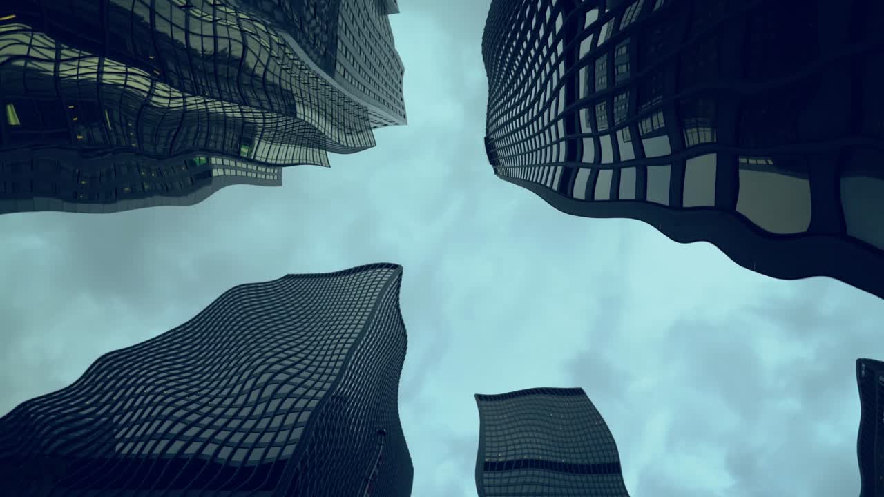 Bottom view of the city skyscrapers. Water wave reflection effect