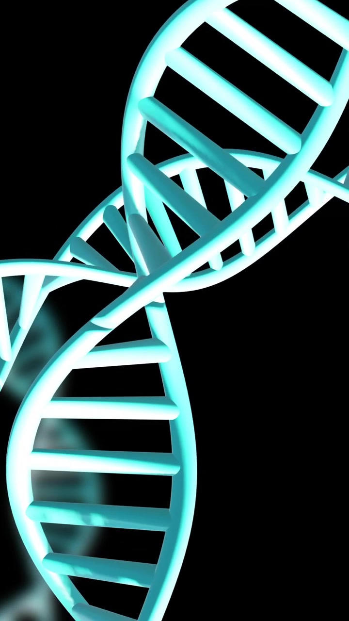 Animazione di filamenti di DNA che ruotano con spazio per il testo su sfondo nero.