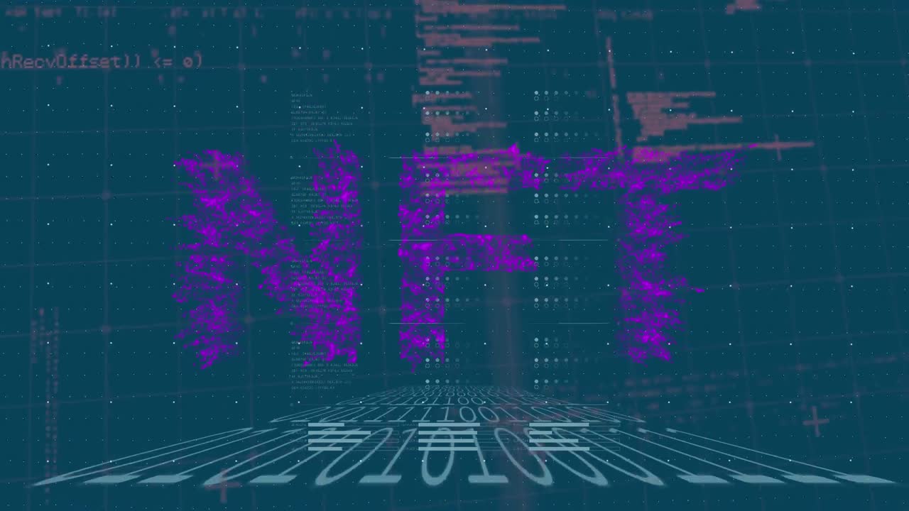 데이터 처리의 애니메이션과 파란색 배경에 nft 텍스트