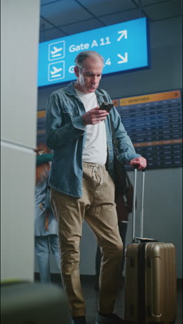 senior traveler checking flight information at the airport