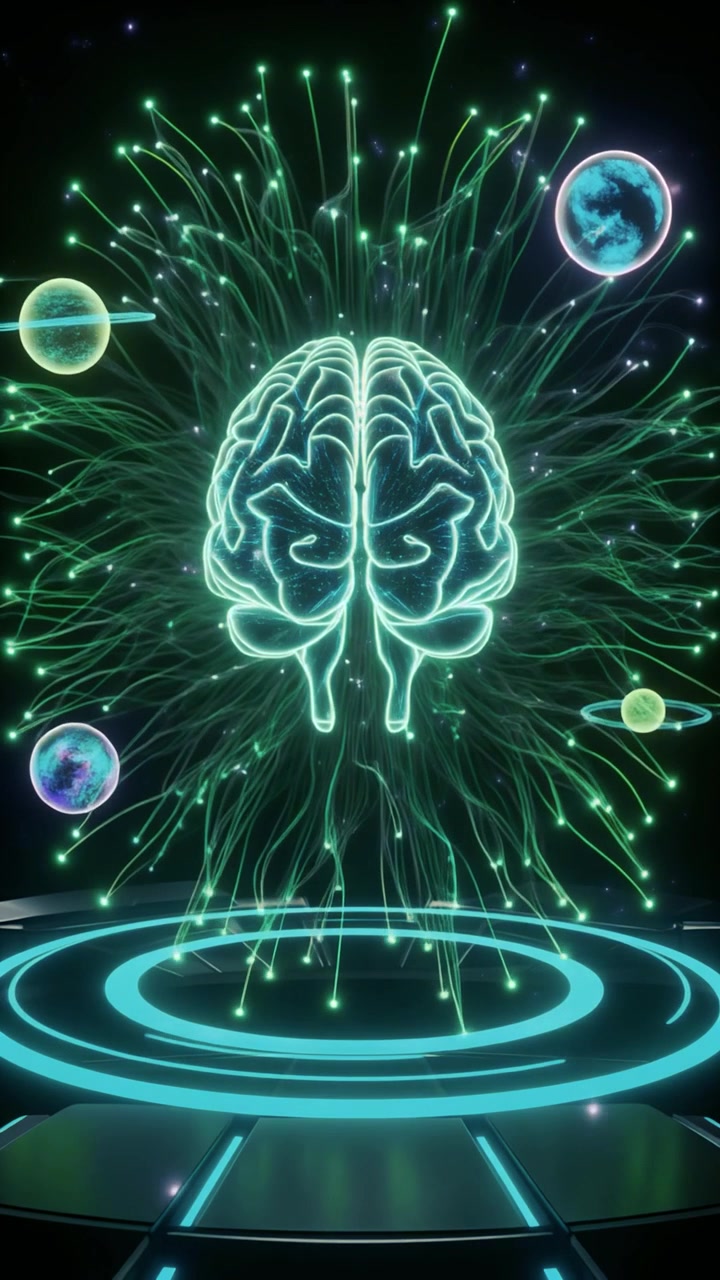 Ologramma luminoso di cervello digitale fluttuante sopra una piattaforma futuristica nello spazio