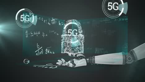 animación de texto 5g, procesamiento de datos, red de cerraduras y ecuaciones matemáticas entregadas por robots