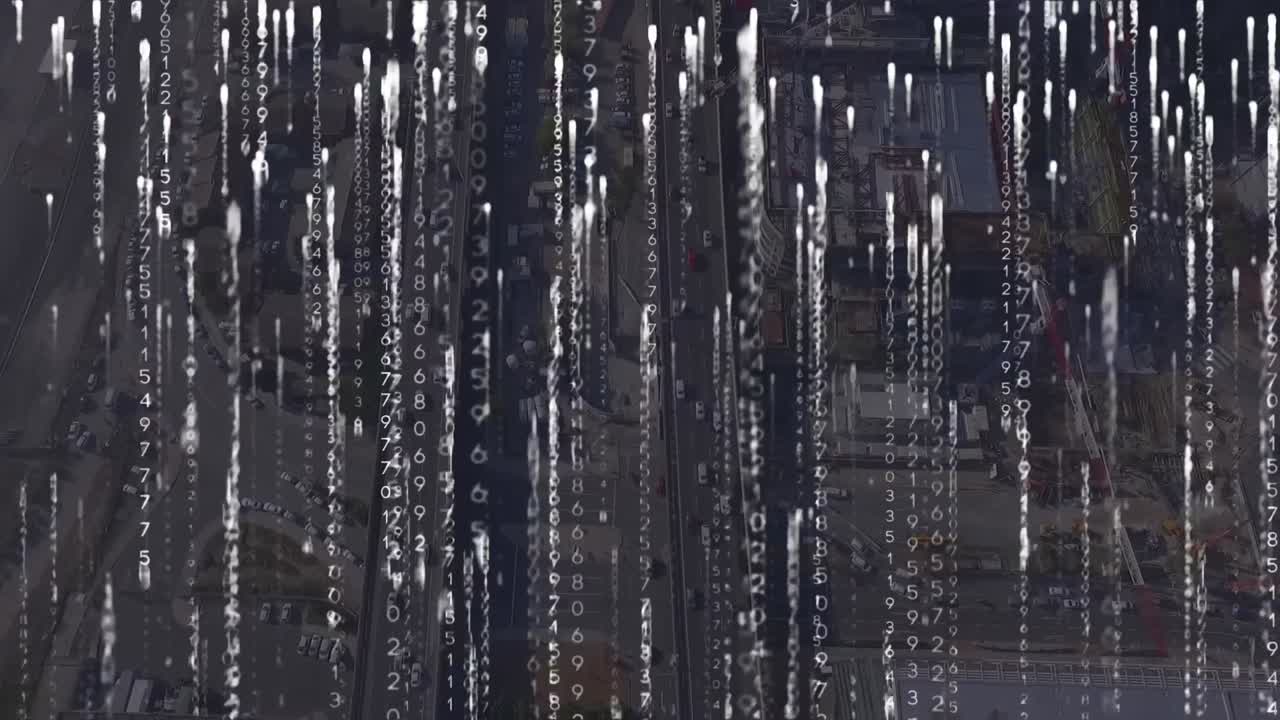 도시 풍경 위의 데이터 처리 애니메이션