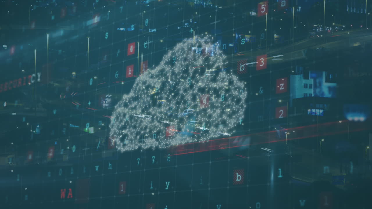 데이터 처리 및 클라우드 오버 시티 스케이프의 애니메이션