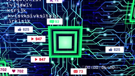 animation of data processing and media icons over network of connections