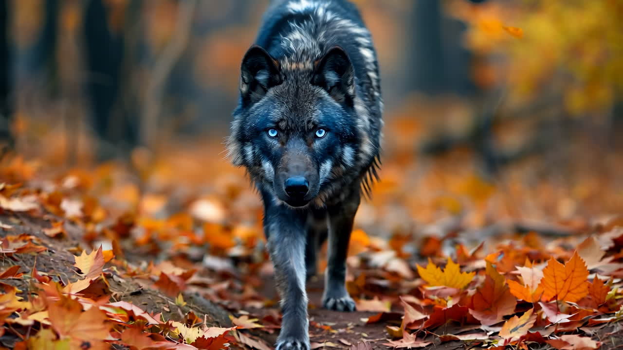 Majestic Gray Wolf Walking Through Colorful Autumn Forest. A gray wolf with striking blue eyes walks gracefully among fallen leaves in a vibrant autumn forest.