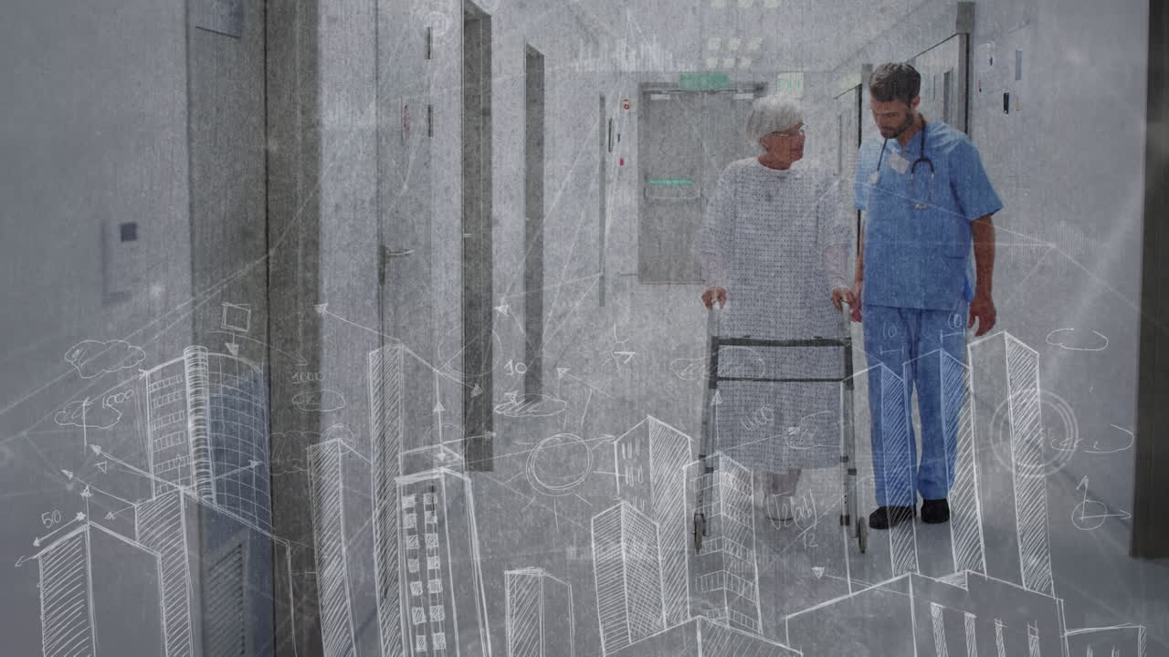 animación del procesamiento de datos sobre un médico caucásico con un paciente