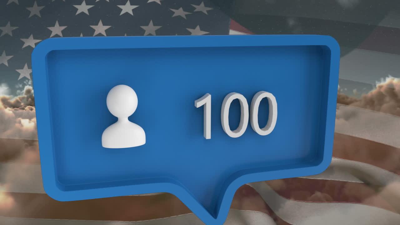 Animation of people icon with numbers on speech bubble over american flag