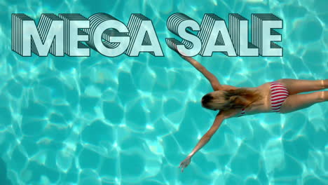 mega sale animation above woman swimming in pool, promoting event