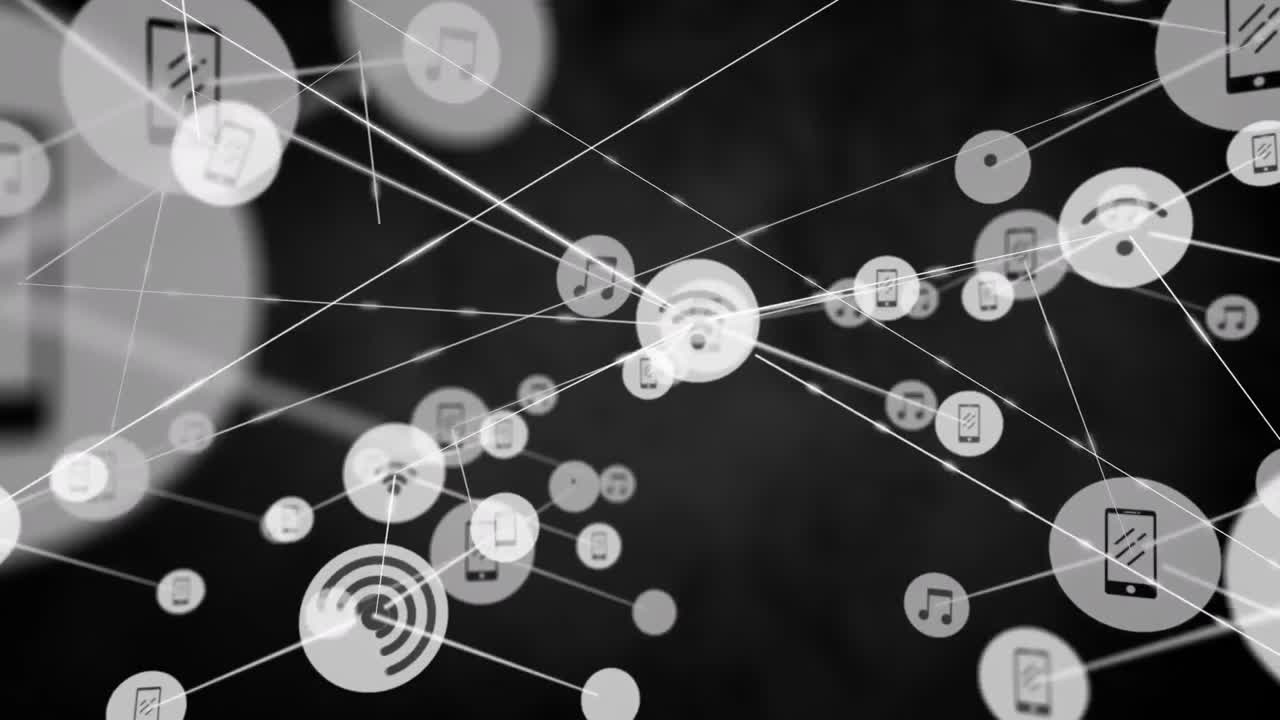 Animation of network of digital icons against black background