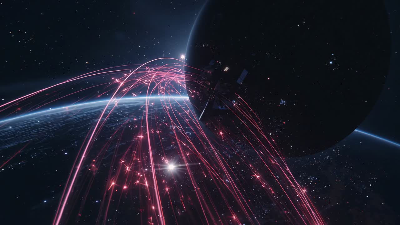 Activating orbital station sending pink beams over Earth horizon and stars, forming web, copy space