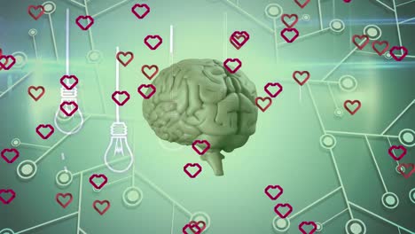 animation of red hearts and network of connections with human brain