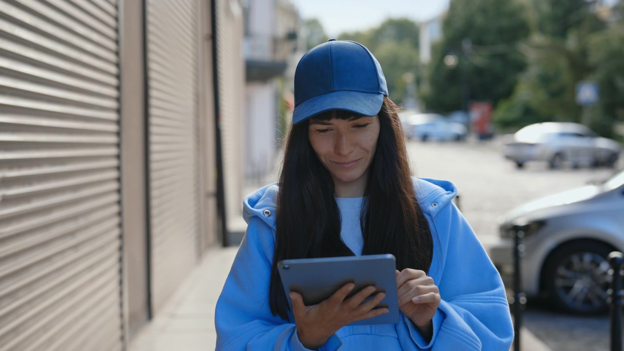 Donna che usa un tablet per strada