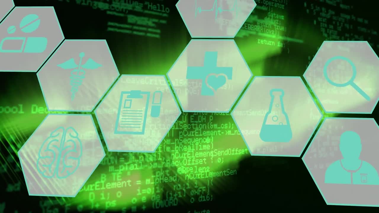 6각형의 과학 아이콘의 애니메이션과 녹색 디지털 공간을 통해 데이터 처리가