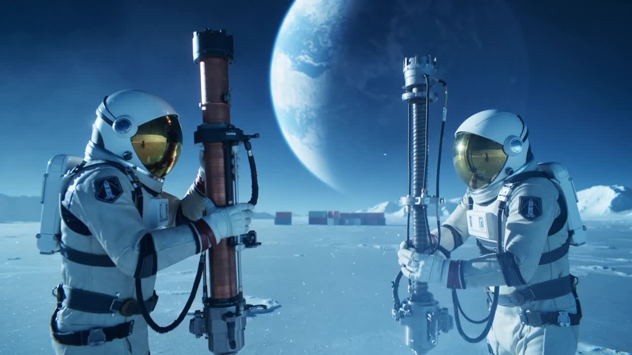 Astronauter i hvide dragter opsætter udstyr, justerer kraver og fastgør metalstrukturer på en frossen slette.