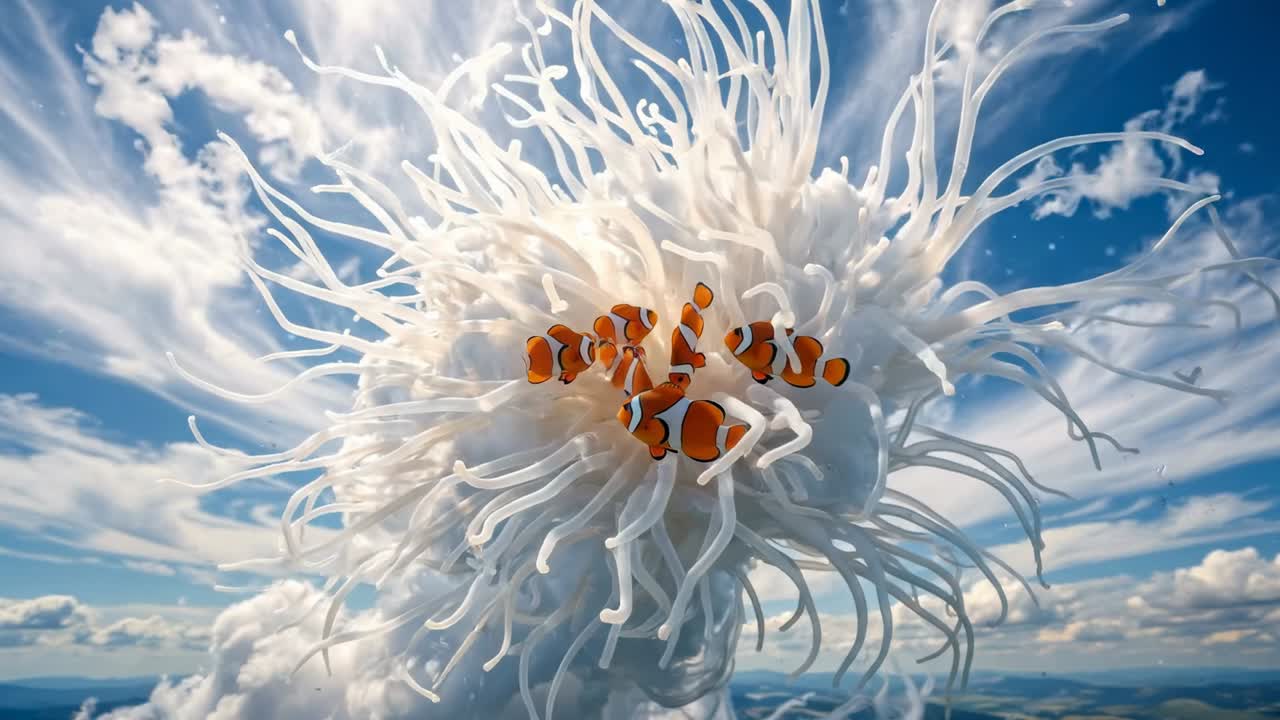 Pesce pagliaccio che nuota intorno a un'anemone gigante in un cielo onirico