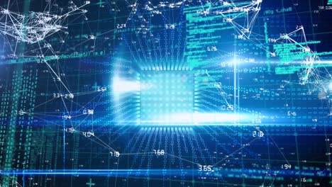 animation of networks of connections and data processing on blue background